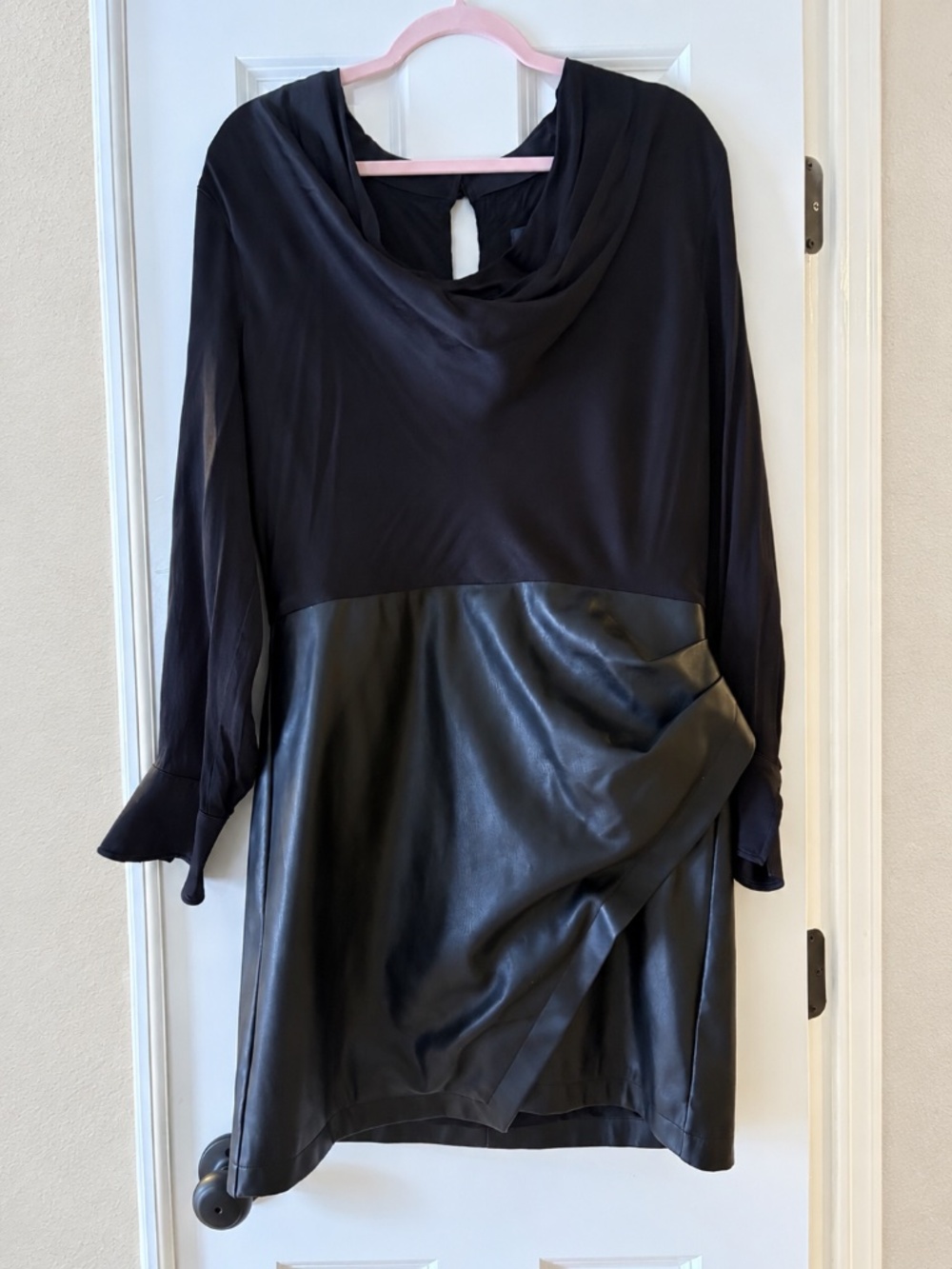 Black Satin & Faux Leather Cowl Neck Mini Dress